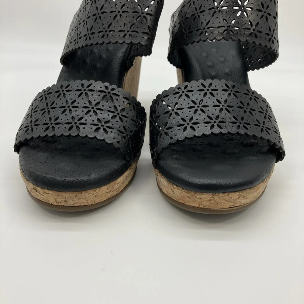 Walking Cradles Sandals 9 W Black Leather Cork Wedge Slingback Shoes Ankle Strap